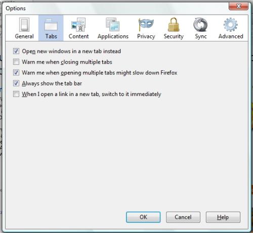 Firefox Options - The settings which should open a new tab when clicking on a link