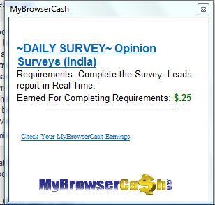 Mybrowsercash survey - Snapshot shows the ad of survey displayed by software of MBC