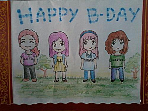 Let's Be Friends Forever - I find this card cute and touching. The four of us are represented with chibi drawings wearing statement shirts saying 'Let's be friends forever.' This is the best birthday gift I have received on my birthday. ^_^