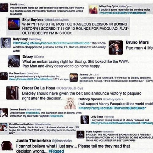 celebrity tweets - celebrities tweets about Pacquiao&#039;s fight with Bradley.