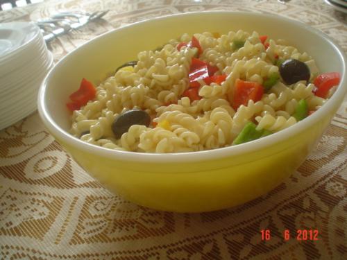 Pasta salad. - I used sweet pepper, black olives and goat cheese to give it texture and color.