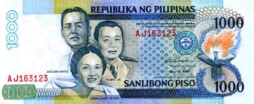 One Thousand Pesos - The Philippine one thousand-peso bill (?1000) is a denomination of Philippine currency. José Abad Santos, Vicente Lim, and Josefa Llanes Escoda are currently featured on the front side of the bill, while the Tubbataha Reefs Natural Park and the South Sea pearl are featured on the reverse side.