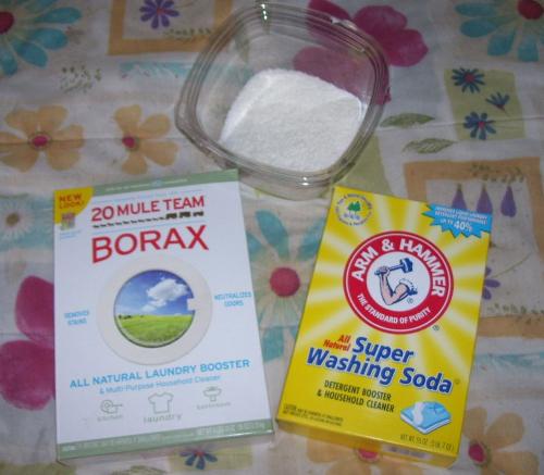 Home Made Laundry Detergent - borax, arm and hammer washing soda, and 2 bars of grated soap