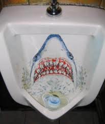 The painting on the urinal of the shark like in th - Do not worry peoples. This is only the paiting of the shark with the big teeths and not the real shark coming up out of the plumbing to take the bite!! Yikes!
