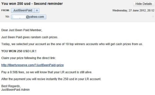 Just Been Paid Email - I always receive this kind of email from Just Been Paid. Scams are everywhere.