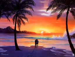 Sunset - This is a picture of sunset near the seaside with the coconut tress and orange water.