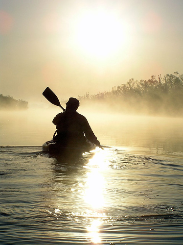 Life - A boatman is driving his boat.