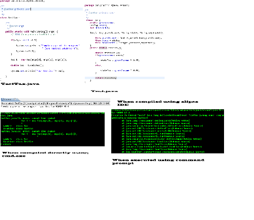 TestTax.java - this image is of TestTax.java in elipse IDE. I put here the detailed error that I have found and possible errors cause That I have found. TestTax.java - this image is of TestTax.java in elipse IDE. I put here the detailed error that I have found and possible errors cause That I have found.