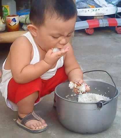 Funny kid - This toddler is eating a rice from a casserole. Really funny and cute!