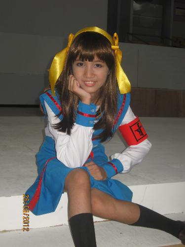 Haruhi Suzumiya - My daughter while having a pose on her portrayal of the character Haruhi Suzumiya from the "Melancholy of Haruhi Suzumiya" series. 