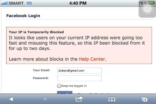 Facebook error - Facebook error indicating IP was temporarily blocked