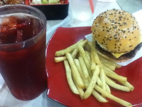 Fries, burger and iced tea - This is a very unhealthy snack combo