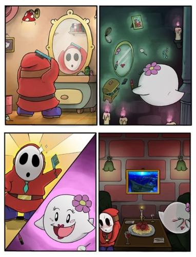Shy ghosts on a date - This is a funny comic called Shy Guy Adventures, really worth reading.