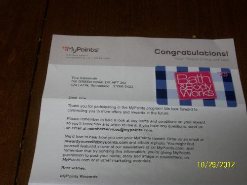 Bath & body works gift card - Here is my wonderful gift card I got from mypoints.