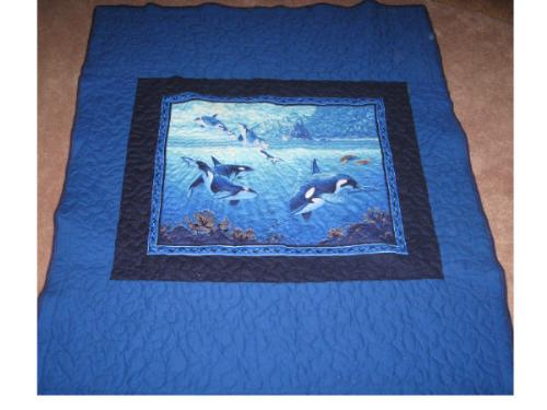 Orca whale quilt 1 - Front of the Orca Whale quilt.