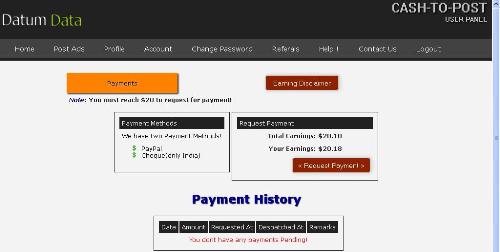 Scam - This is an screen shot of my payment profile. It is clear that cash out is 20 dollars, I got 20. 18 dollars but they do not pay.