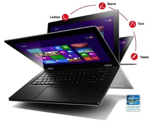 Lenovo Yoga 13 - KEY SPECIFICATIONS
? Up to 3rd gen Intel? Core? i7 processor
? Up to Genuine Windows 8 Pro
? 13.3? HD+ (1600x900) IPS display with wide viewing angle; 16:9
widescreen
? Up to 8GB DDR3 memory, up to 256GB SSD storage
? Integrated Intel? HD 4000 graphics
? Integrated Bluetooth?1 and 802.11b/g/n Wi-Fi connectivity
? USB2.0, USB3.0 connectors & 3in1 card reader
? Integrated 720p HD webcam
? Integrated stereo speakers
? HD graphics support & HDMI output
RESPONSIVE FEATURES
? Energy Management protects the long-term durability of the
battery and uses advanced energy-saving technology to increase
time spent between charges
? Rediscover your computer with access to a world of entertaining
and useful apps like Lenovo? Companion and Lenovo Support
SIMPLIFIED SOLUTIONS
? Intelligent Touchpad-optimized for the Windows 8 Metro interface
with easy scroll, zoom and rotate functions
? Lenovo? Motion Control lets you flip through photos & pages or
rewind/fast forward music & videos with simple gestures
? Lenovo? Transition automatically switches open applications like
Power Point to full-screen mode when the PC converts from
normal notebook to tent, stand or tablet modes
? Long battery life for extended use on the move; 8hrs
? OneKey? Recovery makes data backup & recovery simple
? Share media on any device from anywhere through Lenovo Cloud
COMFORTABLE HANDLING
? World?s 1st multi-mode Ultrabook? providing the ultimate flexibility
between work & play ? use as a notebook, tablet, stand or tent
? Leather-touch palmrest for extra comfort
? AccuType keyboard with individual rounded keys for accurate
typing
? Only 16.9mm thick and 1.54kg in weight2