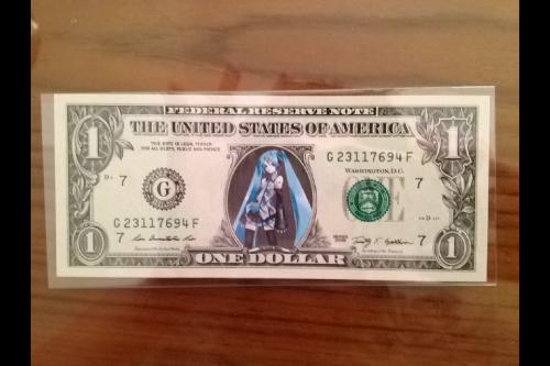 USD and anime - USD paper currency with Hatsune Miku (leading female role of anime Hatsune Miku) instead of George Washington in the middle of the lettuce. 