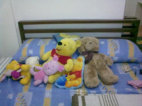 some of my stuffed toys - ...the brown teddy bear is my favorite. It was the first one given by my mom.