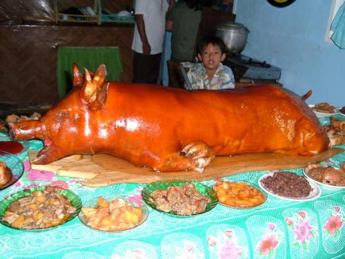 Lechon  - Lechon is a special food of the Filipinos . It is an expensive party food, so if you have a lechon for the party, it is the star of the buffet table as you can see from the picture.