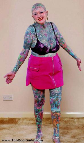 full body tatoo - old woman having a color body tatoo