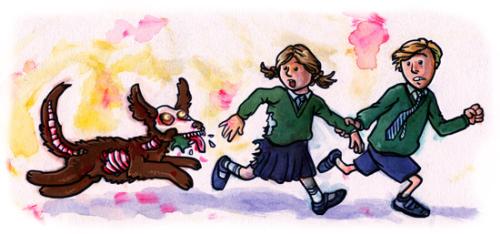 Dog running after kids. - We&#039;ve all been through this. Dog chasing us and we running for our lives. LOL. We suddenly forget the world and focus only on escaping until someone comes for help.
