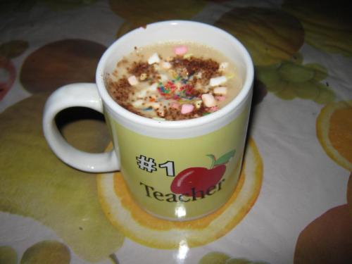 chocolate drink - This is my favorite cup with hot chocolate drink with mallows floating. My sister teased me using this with hot chocolate drink floating mallows, because I have no chocolate drink here.. Hot chocolate drink for cold weather.. fantastic.. just perfect!