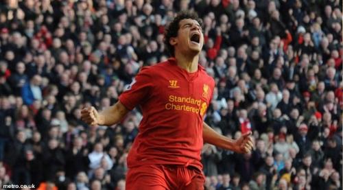 coutinho first goal in his debut for liverpool - a great prospect for liverpool from brazilian player coutinho.