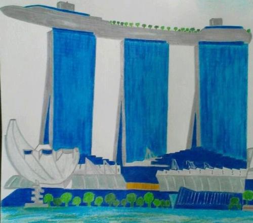 Handmade drawing - Marina Bay Sands, Singapore - Drawing by hand, using colour pencils