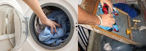 Washing Machine VS Hand-Washing - example photo of laundry washed in washing machine and being done manually