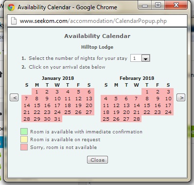 red means unavailable - example photo of availability days in hotel