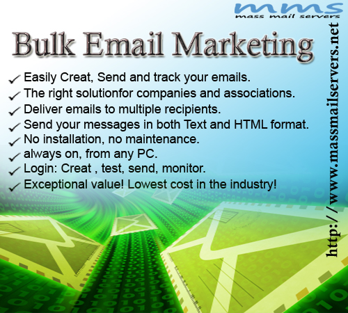 Bulk EMAIL HOSTING •	Dedicated clean IP address. •	One SMTP/POP account. •	Deliver emails to multiple recipients. •	Send your messages in both Text and HTML format. •	You’re Application/Software, Our SMTP. •	Port 25 ISP not required. •	Send your messages in both Text and HTML format. •	No long term contracts. •	Exceptional value! Lowest cost in the industry! How it Works? Start Now