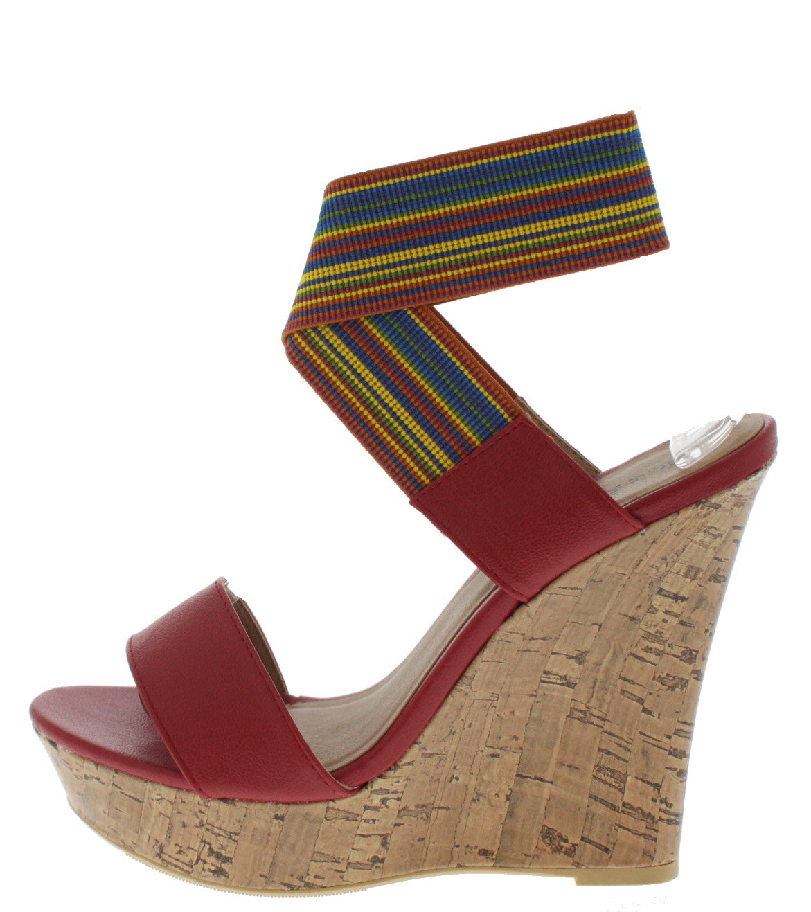 Add a global look to your warm-weather wardrobe with these chic wedges. Cork and contrasting materials on this high heel sandal, great for summer getaways.