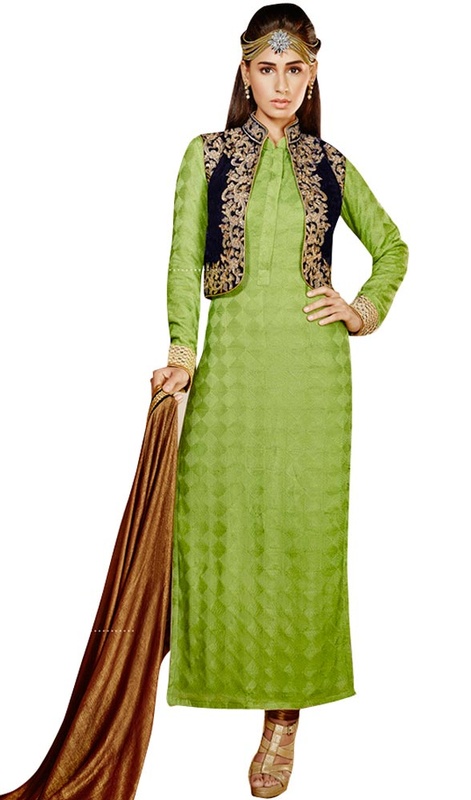 Lime Green Embroidered Georgette Long Churidar Suit