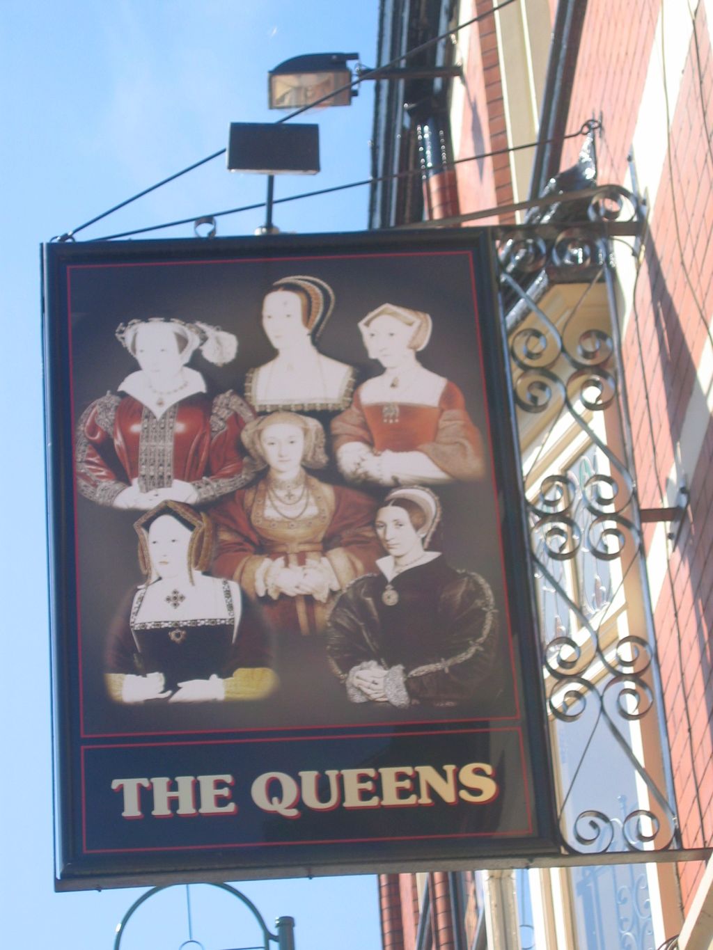 Pub sign - the six wives of Henry 8th on The Queen's pub, Hyde, Tameside, Manchester Pub sign - the six wives of Henry 8th on The Queen's pub, Hyde, Tameside, Manchester