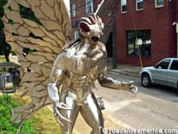 This is an actual snap of the statue in our town s - This large metal statue stands in the center of our square..People from many places come to point pleasant to learn of the legend/tale of the mothman..  I am not a native of west virginia; but many calim that the store is true and worhty of belief..and many are christians...who hold this story.