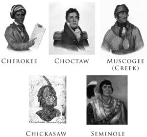Cherokee, Choctaw, Creek (Muscogee), Chickasaw, Seminole