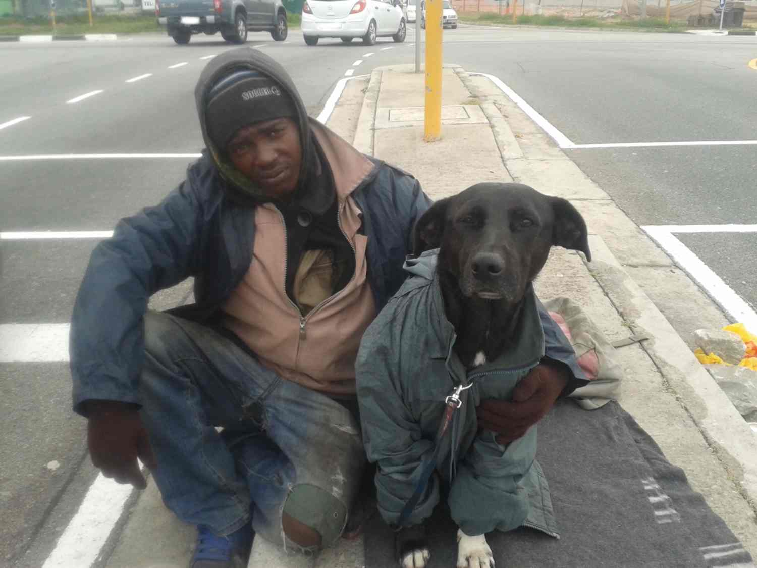 Beggar and his dog at the traffic lights