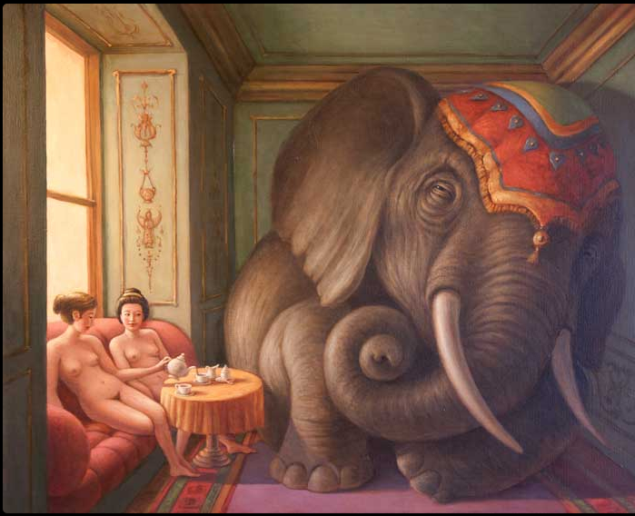 Beautiful Rendition of the Elephant in the Room...  Call Him New Year&#039;s Resolution. Elephant in the Room http://www.artofmarkbryan.com/recent-work/?dop_wall_grid_gallery_id=1&dop_wall_grid_gallery_share=17#.VoV5gPMeqFk.