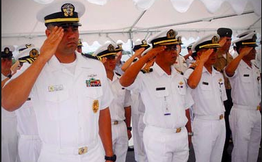 Navy officers saluting. Photo from Military.com's web site: http://images.military.com/media/news/service/navy-officers-salute-380x25.jpg Navy officers saluting. Photo from Military.com's web site: http://images.military.com/media/news/service/navy-officers-salute-380x25.jpg