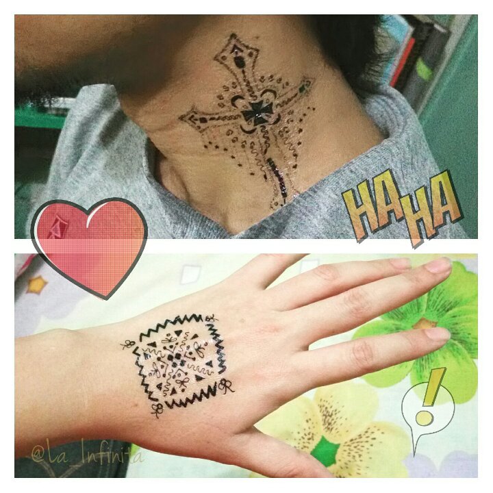 My temporary tattoo designs on my hand and my bro's neck.