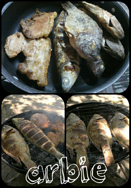 Photo is mine. Fish and meat...  grilling