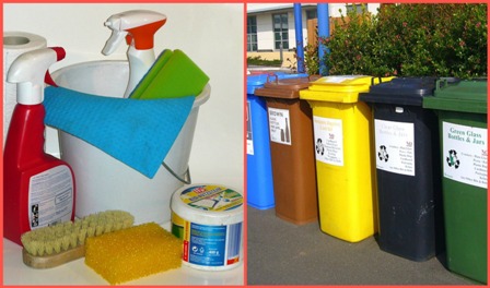 recycling bins and cleaning materials from pixabay