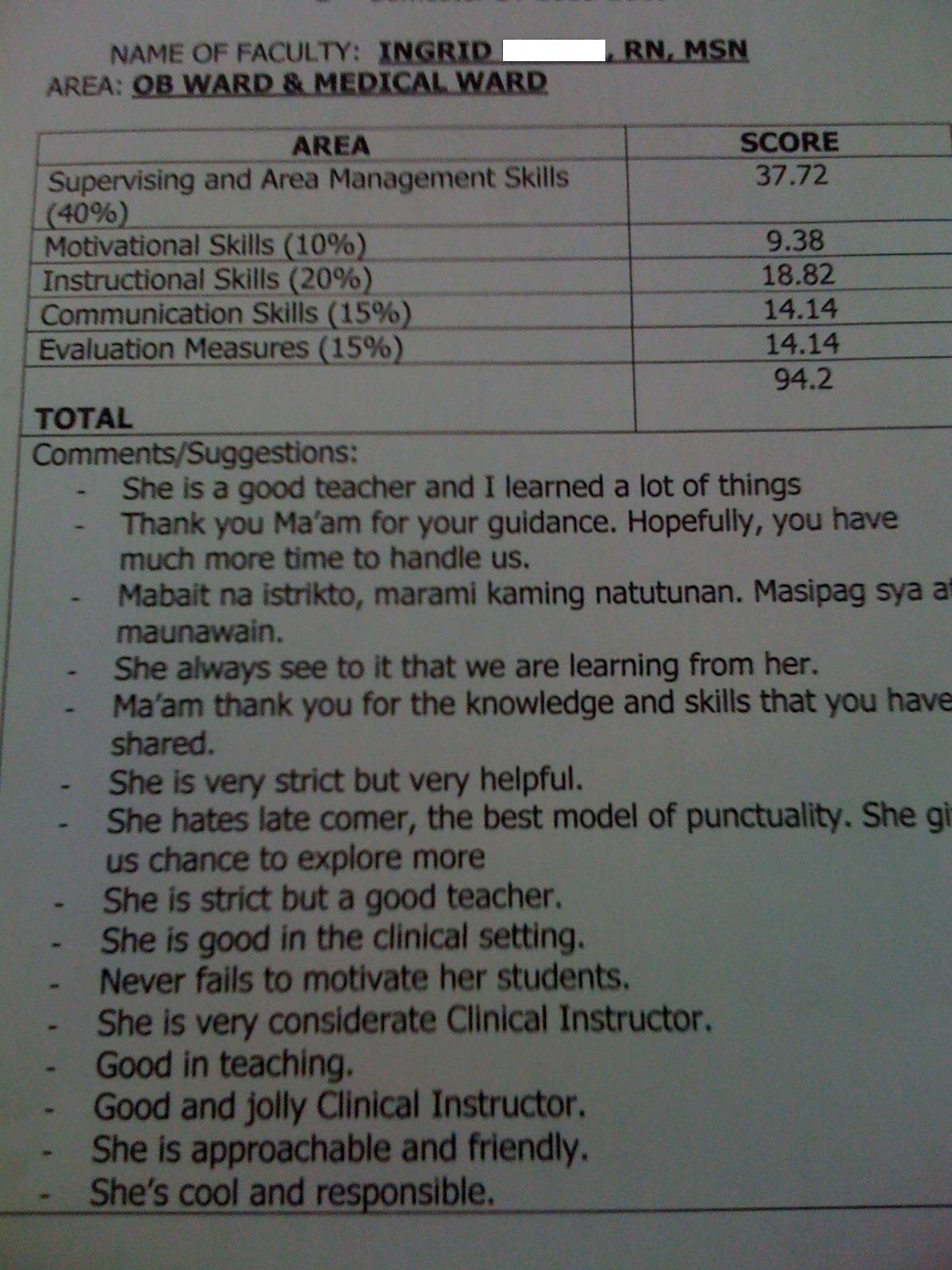 my evaluation sheet