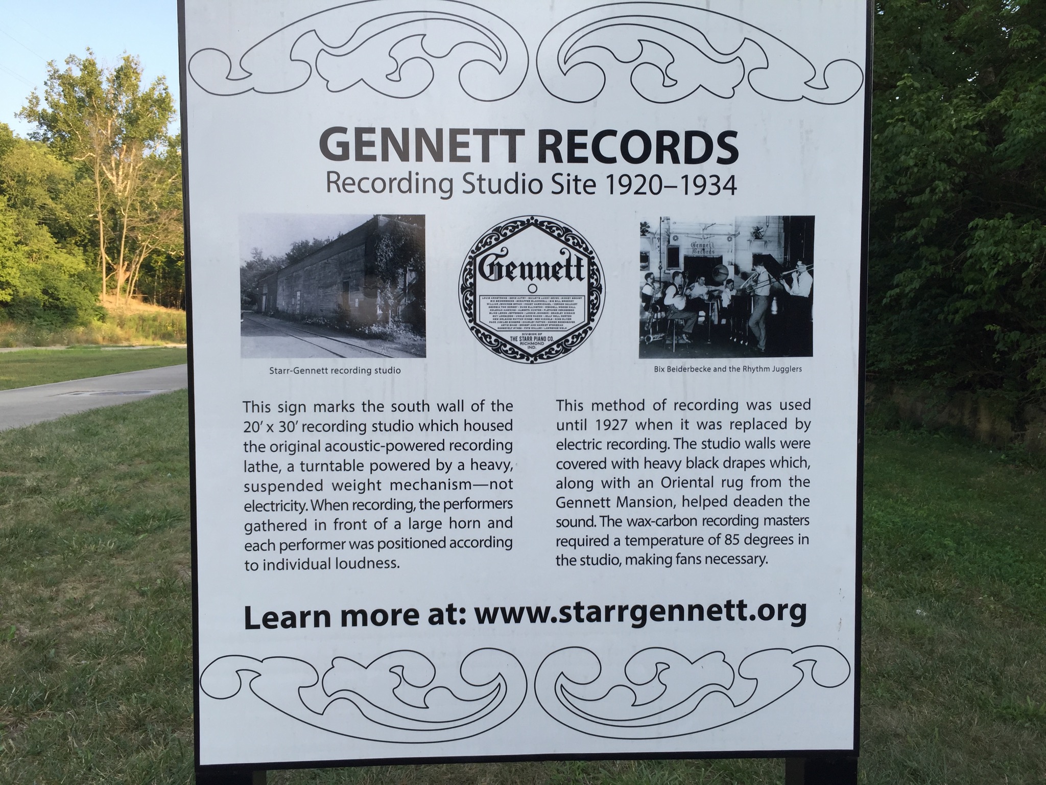 A sign marking the site of the old Gennett Recording Studio in Richmond, Indiana.  Photo taken by and the property of FourWalls.