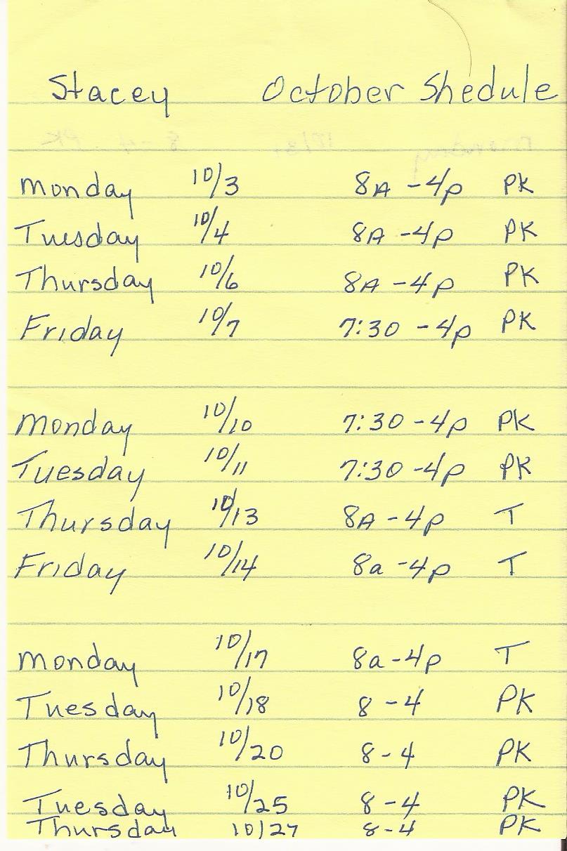Scan of my schedule for October