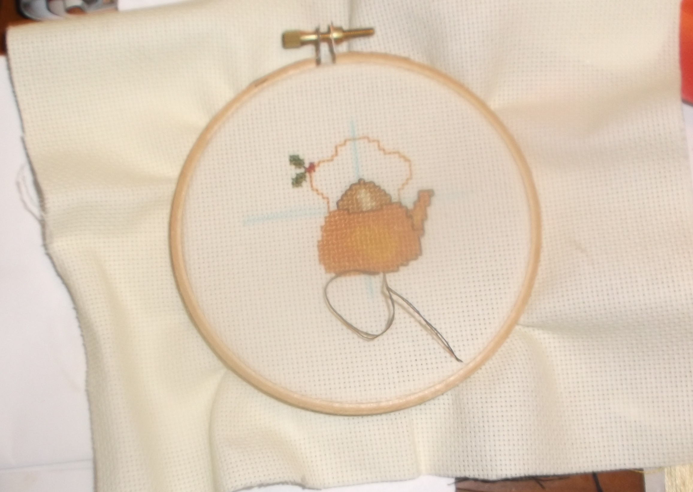 Photo I took of the progress on the jar lid cross stitch I am doing. Photo I took of the progress on the jar lid cross stitch I am doing.