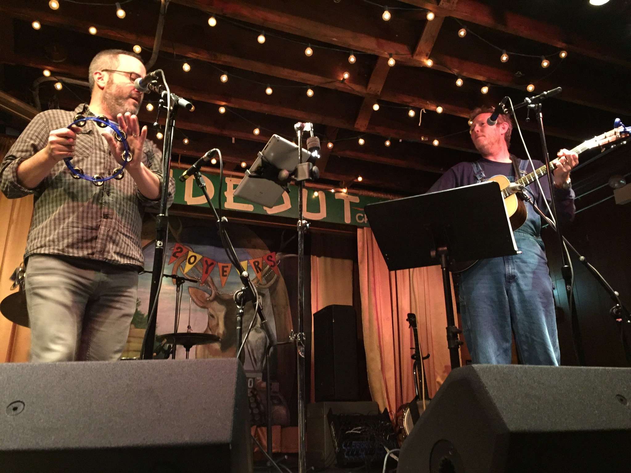 Gerald Dowd (left) and Robbie Fulks  singing "Try Leaving" during their show at the Hideout.  Photo taken by and the property of FourWalls.