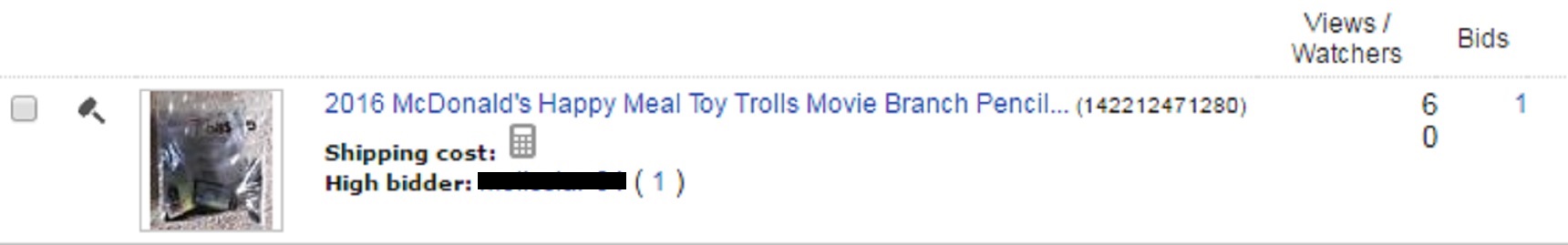 Screen capture of my ebay item with a bid Screen capture of my ebay item with a bid