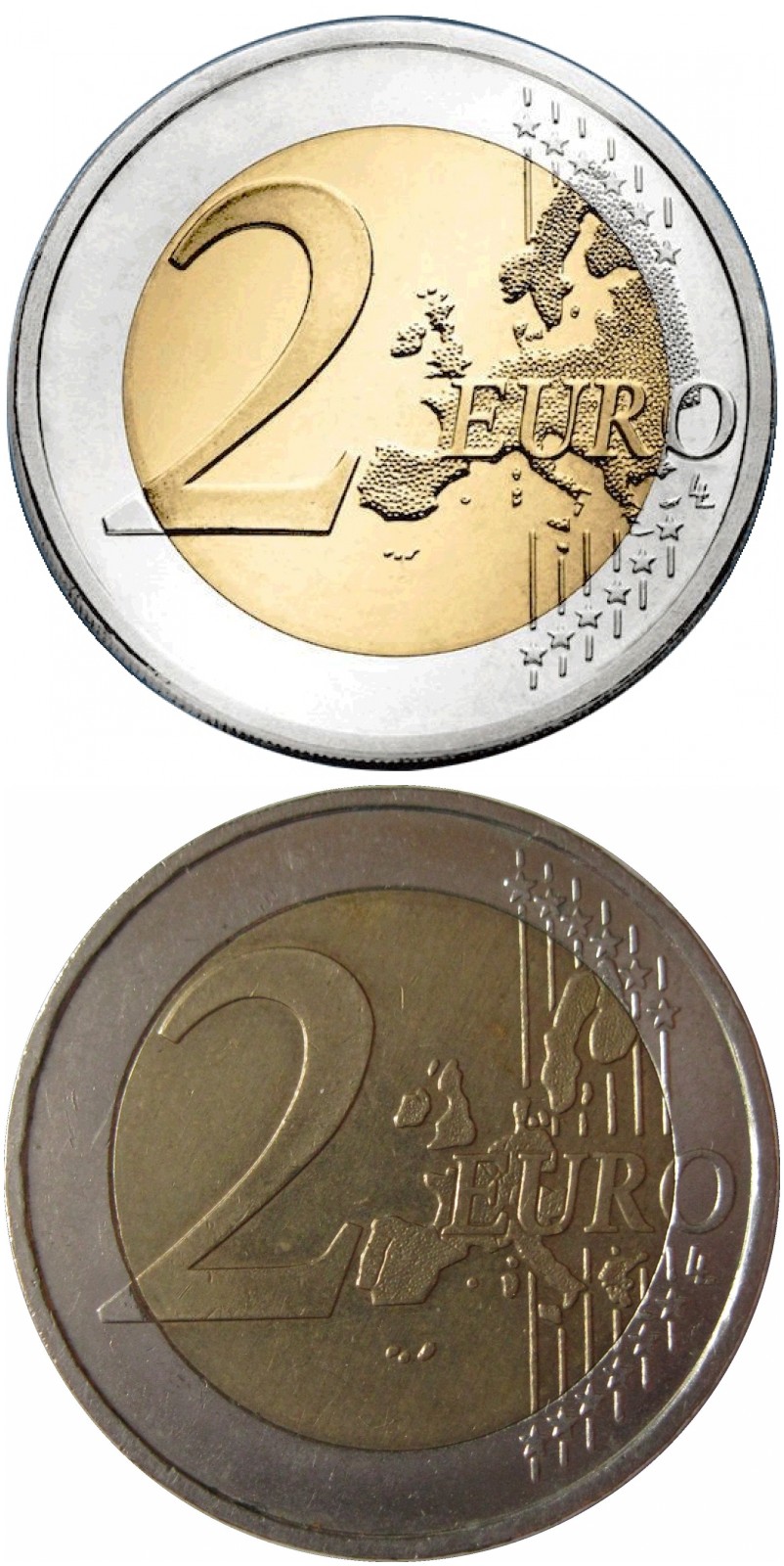 New (top) and old (bottom) 2 euro coin New (top) and old (bottom) 2 euro coin
